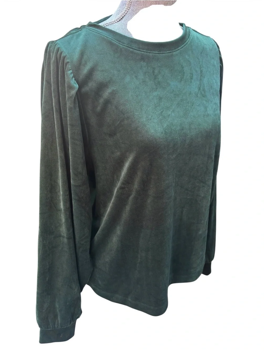 LOFT Green Velour Puff Sleeve Blouse Dark Emerald Holiday Velvet L Whimsygoth